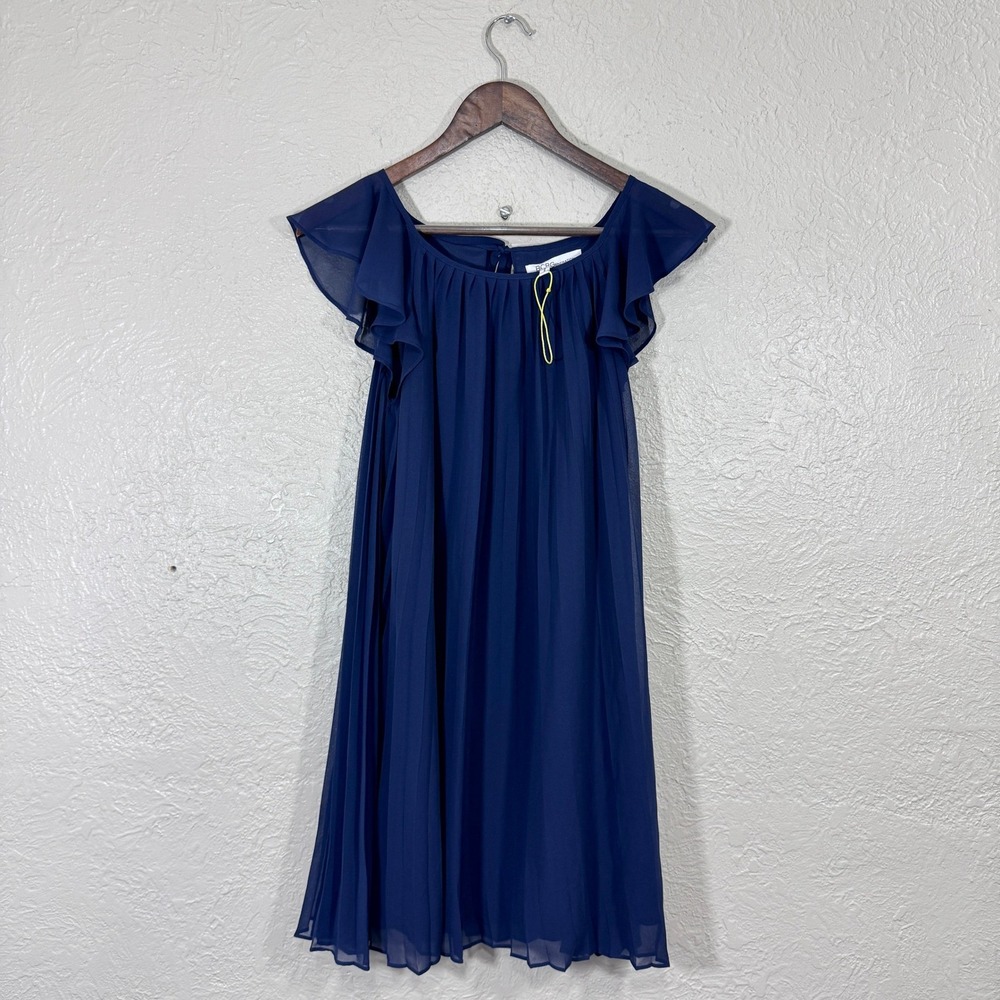 BCBGeneration Dress XS VDW66G61 Deep Blue Pleated Sheer Chiffon Babydoll Mini